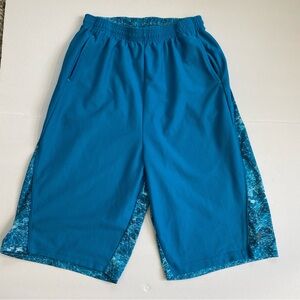 New Balance Boys’ Performance Print Panel Shorts in Deep Ozone Blue Geo 14/16